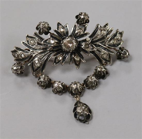 An Indian? white and yellow metal, rose cut diamond set drop spray brooch, width 7cm.